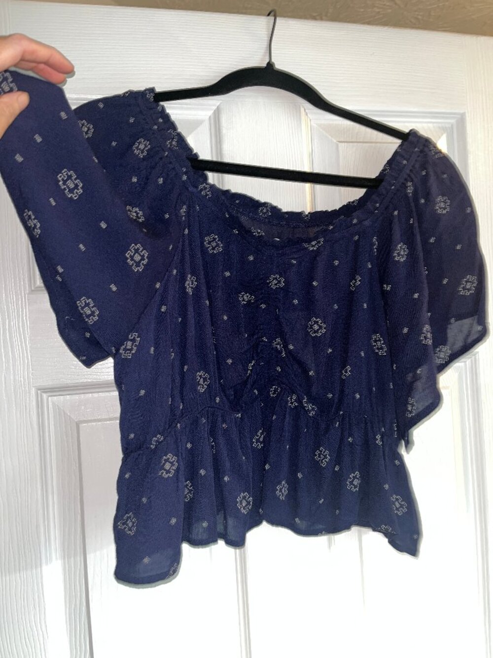 New w Tags! True Craft Belk Navy Blue Geometric Patterned Peplum Blouse sz Large